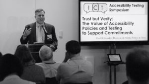 Paul Schroeder, Director of Public Policy at Aira, delivers the keynote speech titled Trust but Verify: The Value of Accessibility Policies and Testing to Support Commitments