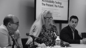 Closing Plenary Panel on Accessibility Testing: The Present, The Future. Left to right: Shadi Abou-Zahra, Cyndi Rowland and Matt Feldman